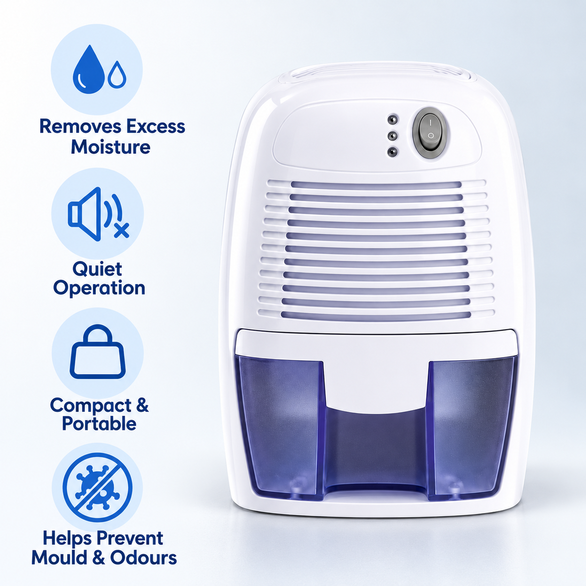 Nova Haus mini dehumidifier with benefits: removes moisture, quiet, compact, helps prevent mould
