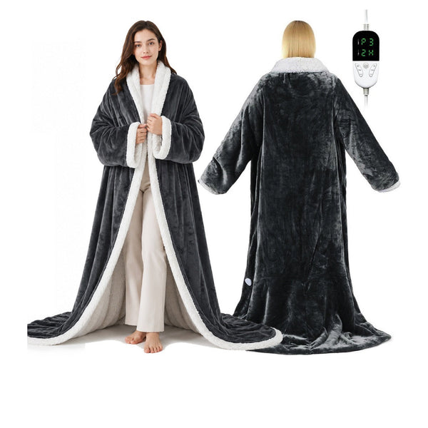 Woman wearing the heated wearable blanket with foot pocket