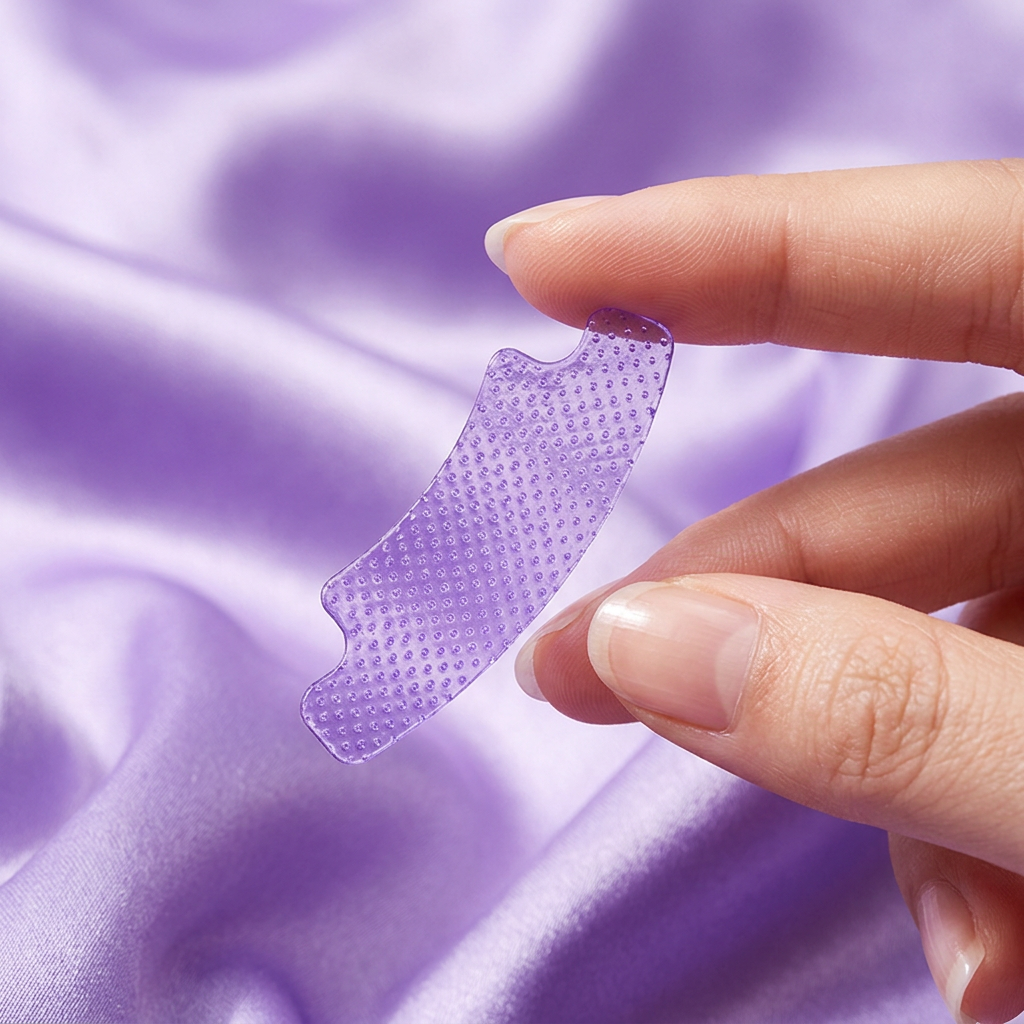 Fingers holding a single purple whitening strip