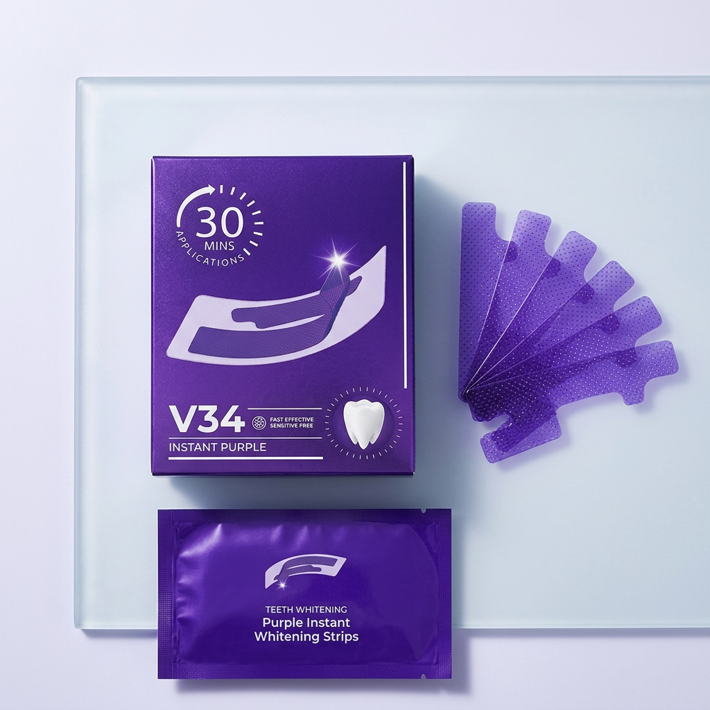 V34 Purple Instant Whitening Strips box, sachet and strips flat lay