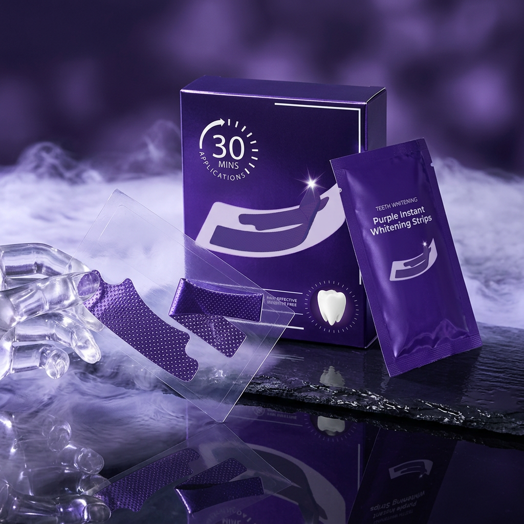 V34 whitening strips box and sachet with strips on backing sheet