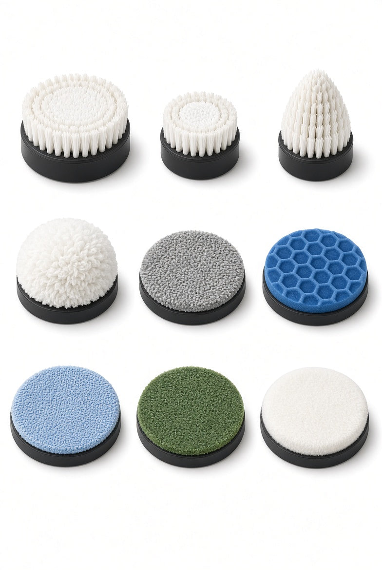The nine interchangeable brush and pad heads