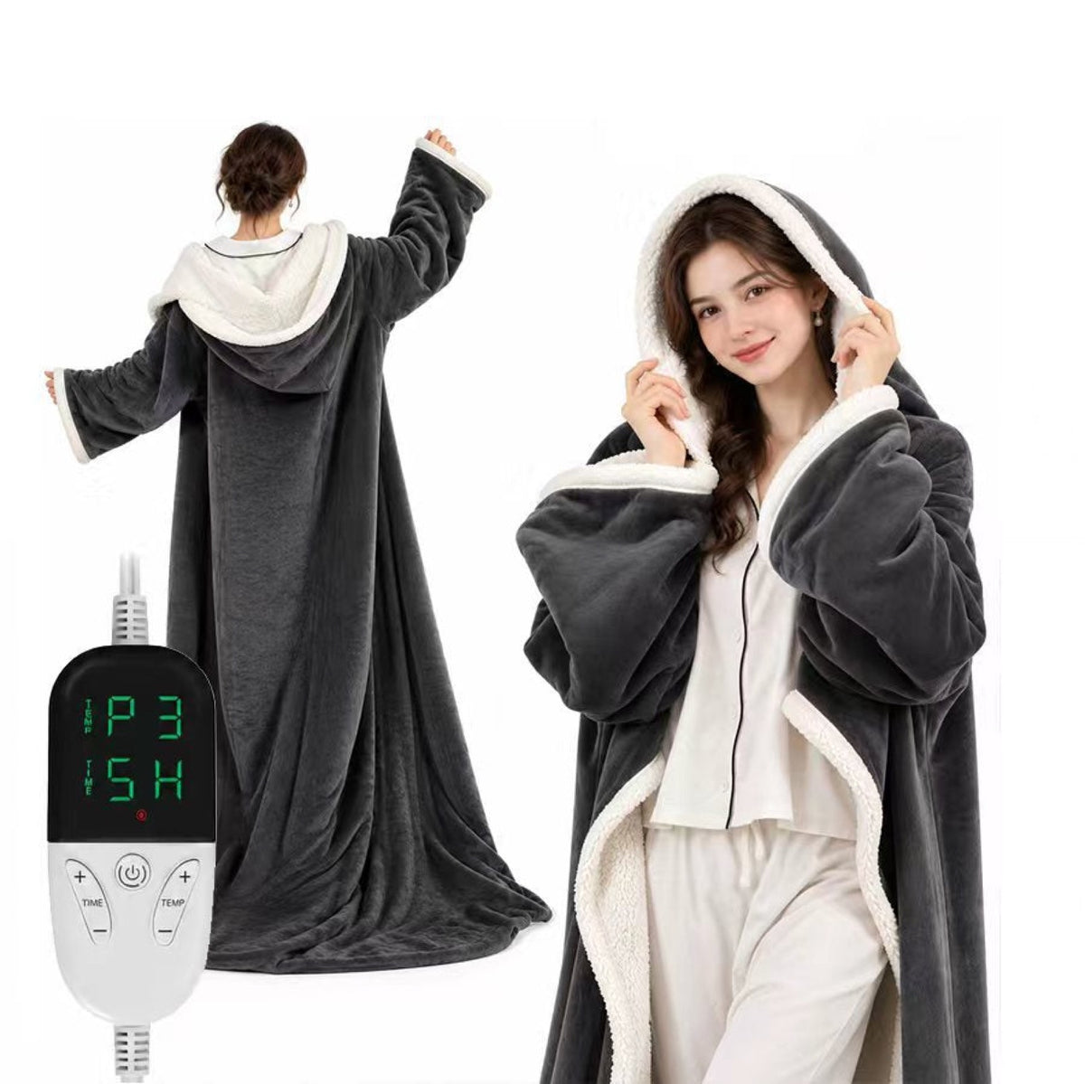 Woman wearing the hooded heated robe with controller